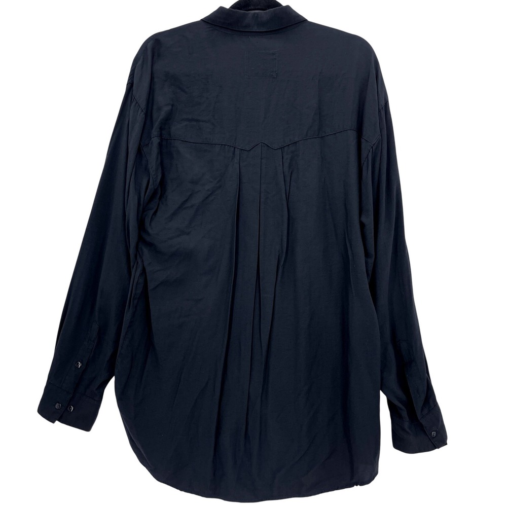Vintage 90s Black Square Button Down Shirt L Pleated Front Long Sleeve - Picture 2 of 9
